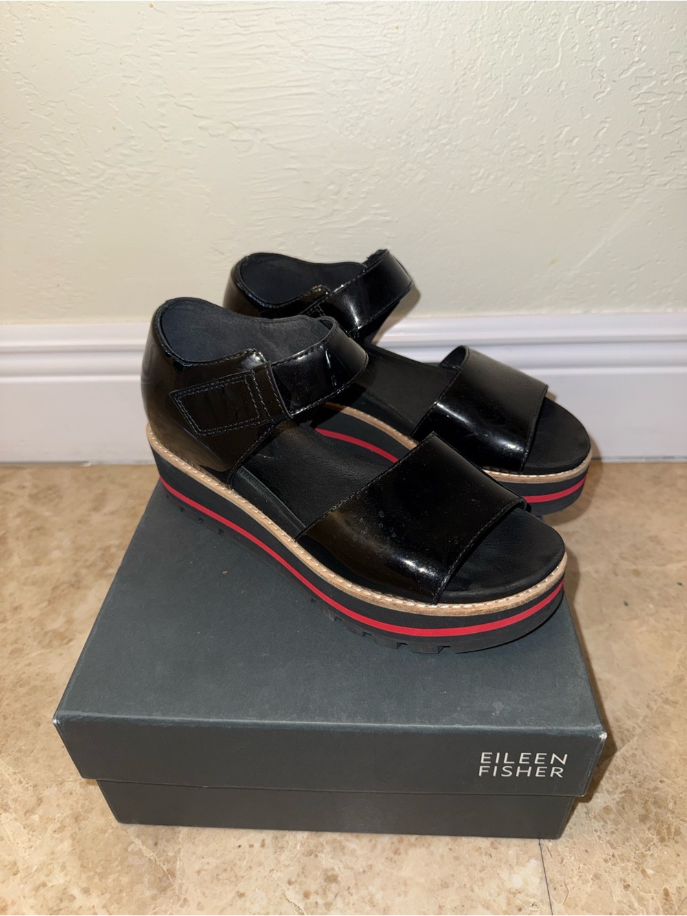 Eileen Fisher Black Patent Platform Sandals with Red Accent